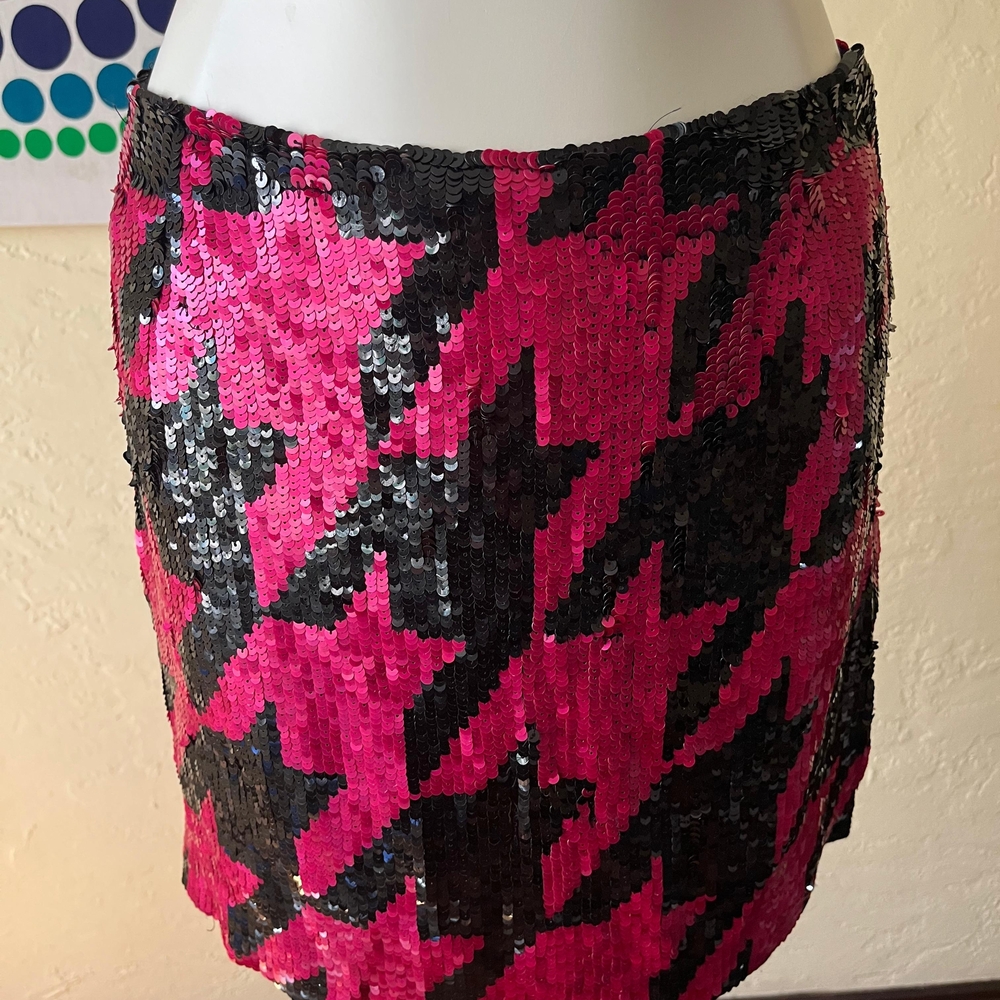 Sequin Houndstooth Mini Skirt - Hot Pink and Black